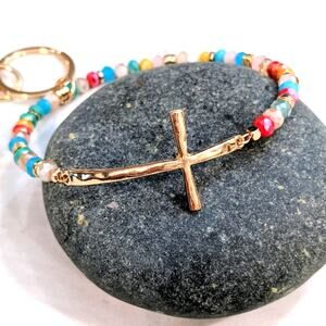 GOLD TONE CROSS Glass Bead Bracelet Style Hoop Key Chain with Closed Hook NEW